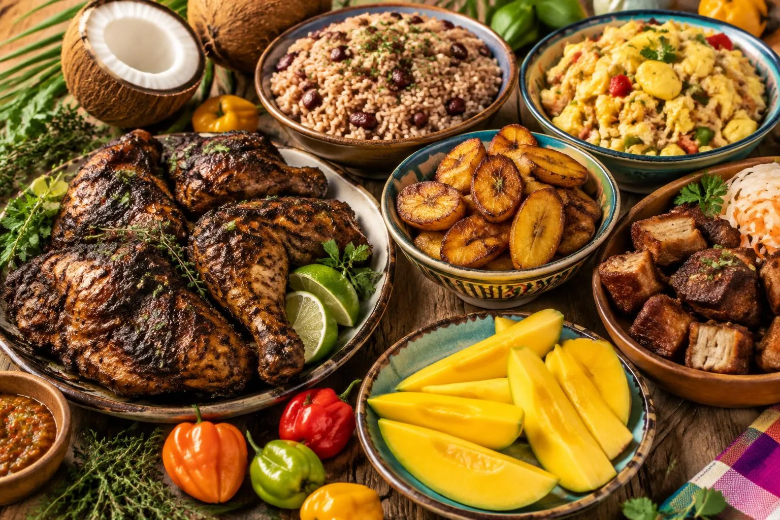 Caribbean feast with jerk chicken, rice and peas, fried plantains, ackee and saltfish, griot and mangoes Caribbean feast with jerk chicken, rice and peas, fried plantains, ackee and saltfish, griot and mangoes
